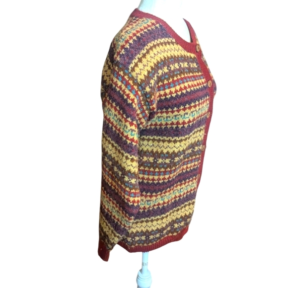 Wool Made In Scotland Old Money Tan/Burgundy Patterned Cardigan Sz S - Picture 3 of 11